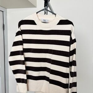 Suzy Shier Black and Cream Striped Crewneck Sweater